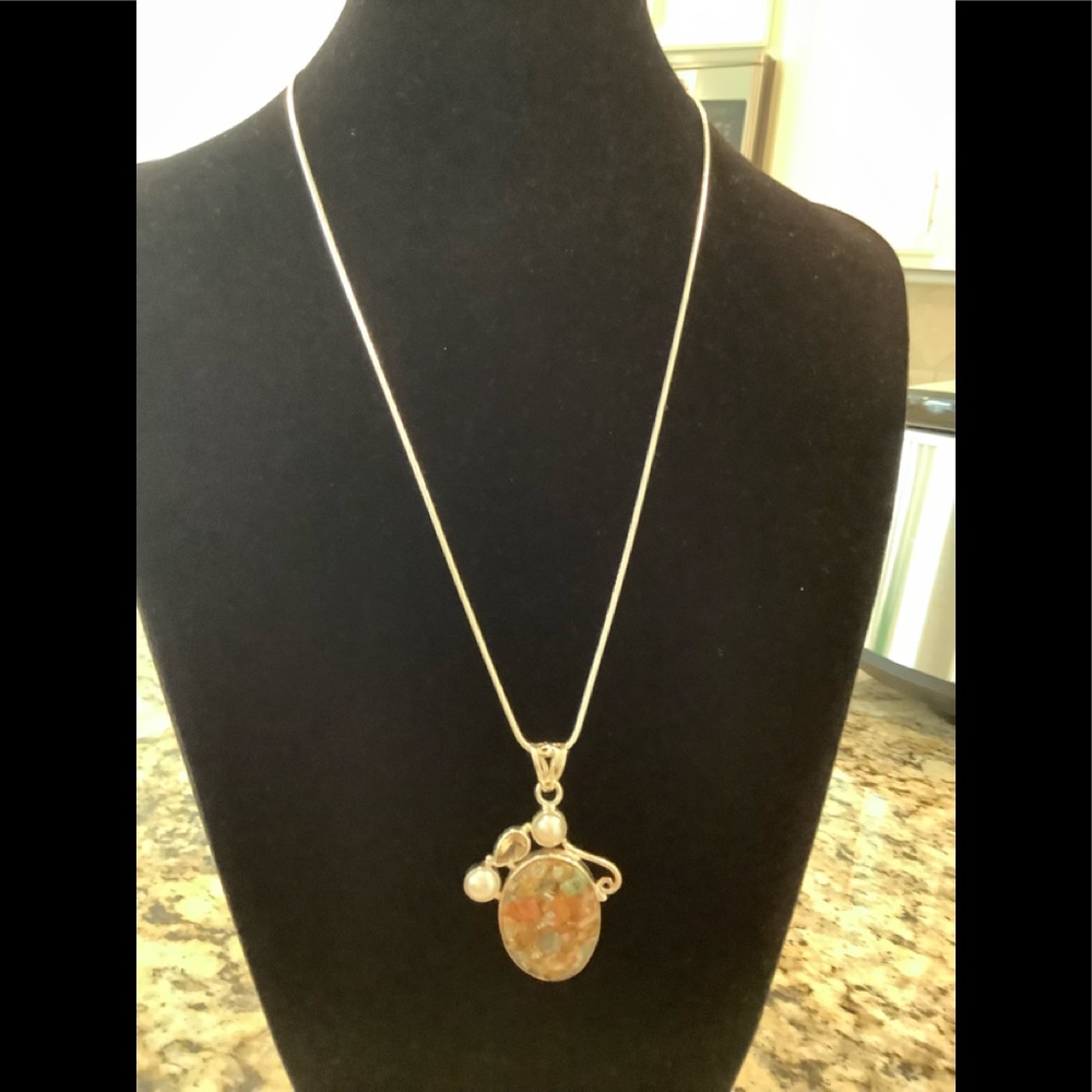 Tourmaline, Citrine and FW pearls set in Sterling with a 20” Sterling chain